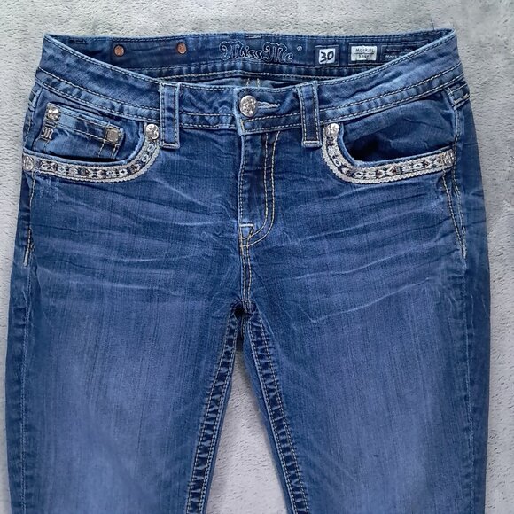 Miss Me Jean Womens 31x28, Tag 30x32 Blue Denim Bootcut Embellished Hemmed Up - Picture 3 of 16